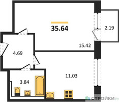 Планировка однокомнатной(квартира) площадью 35.64 квадратных метров в “ЖК Новое Видное”