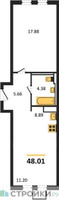 Планировка однокомнатной(квартира) площадью 48.01 квадратных метров в “ЖК Молжаниново”
