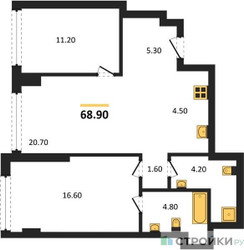 Планировка двухкомнатной(квартира) площадью 68.9 квадратных метров в ЖК “ЖК Ривер Парк Кутузовский”