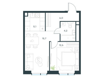 Планировка двухкомнатной(квартира) площадью 43.6 квадратных метров в ЖК “ЖК Левел Мичуринский”