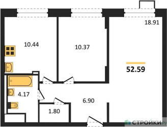 Планировка двухкомнатной(квартира) площадью 52.4 квадратных метров в ЖК “ЖК Алхимово”