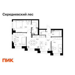 Планировка трехкомнатной(квартира) площадью 75.7 квадратных метров в ЖК “ЖК Середневский лес”