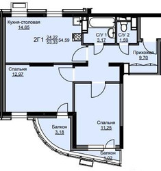 Планировка двухкомнатной(квартира) площадью 55 квадратных метров в ЖК “ЖК Соболевка”