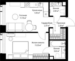 Планировка однокомнатной(квартира) площадью 43.47 квадратных метров в “ЖК Веер”