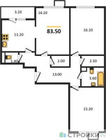 Планировка трехкомнатной(квартира) площадью 83.5 квадратных метров в “ЖК Первый Лермонтовский”
