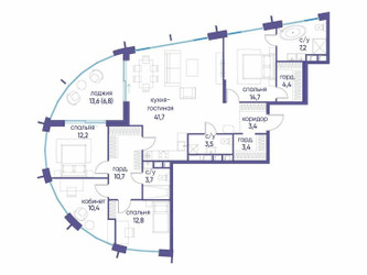 Планировка 4+ комнатной(квартира) площадью 134.92 квадратных метров в ЖК “ЖК Остров”