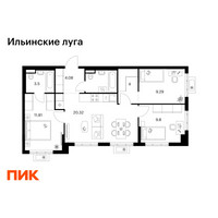 Планировка трехкомнатной(квартира) площадью 66.71 квадратных метров в “ЖК Ильинские луга”