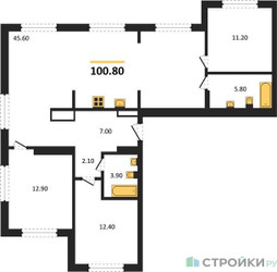 Планировка трехкомнатной(квартира) площадью 100.8 квадратных метров в ЖК “ЖК Первый квартал”
