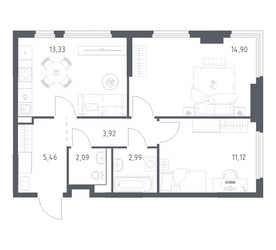 Планировка двухкомнатной(квартира) площадью 53.81 квадратных метров в ЖК “ЖК Пригород Лесное”