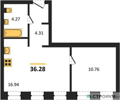 Планировка однокомнатной(апартаменты) площадью 36.28 квадратных метров в “ЖК Инсайдер”