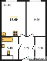 Планировка однокомнатной(апартаменты) площадью 37.69 квадратных метров в “ЖК Пятницкое 58 (Перец)”