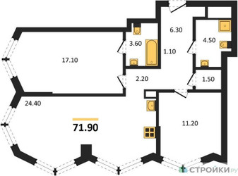 Планировка двухкомнатной(квартира) площадью 71.9 квадратных метров в ЖК “Акценты”