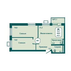 Планировка двухкомнатной(квартира) площадью 69.1 квадратных метров в ЖК “ЖК Андреевка Life (Андреевка Лайф)”