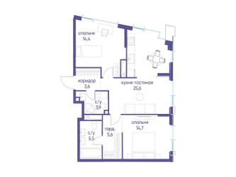 Планировка двухкомнатной(квартира) площадью 74.7 квадратных метров в ЖК “ЖК Событие”