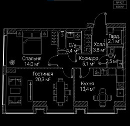 Планировка двухкомнатной(квартира) площадью 65.6 квадратных метров в ЖК “ЖК СЕЗАР БУДУЩЕЕ”