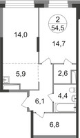 Планировка двухкомнатной(квартира) площадью 54.5 квадратных метров в “ЖК Первый Московский”