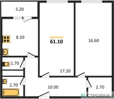 Планировка двухкомнатной(квартира) площадью 61.1 квадратных метров в “ЖК Карамельный”