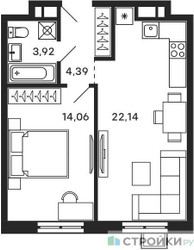Планировка однокомнатной(квартира) площадью 44.51 квадратных метров в ЖК “ЖК Квартал Тетрис”