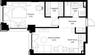 Планировка однокомнатной(квартира) площадью 49.09 квадратных метров в “ЖК Сити Бэй”
