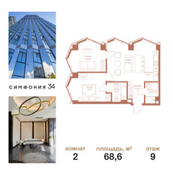 Планировка двухкомнатной(квартира) площадью 68.6 квадратных метров в ЖК “ЖК Симфония 34”