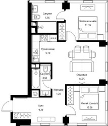 Планировка двухкомнатной(квартира) площадью 61.51 квадратных метров в ЖК “ЖК Сити Бэй”