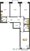 Планировка трехкомнатной(квартира) площадью 78.17 квадратных метров в “ЖК Квартал Марьино”