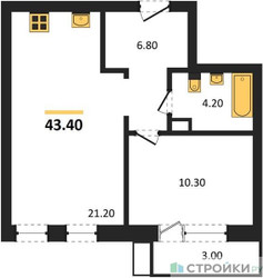 Планировка однокомнатной(квартира) площадью 43.4 квадратных метров в ЖК “ЖК Лесная Отрада”