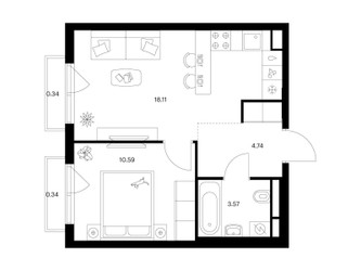 Планировка однокомнатной(квартира) площадью 37.69 квадратных метров в ЖК “ЖК Ильинские луга”