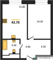 Планировка однокомнатной(квартира) площадью 43.7 квадратных метров в “ЖК Мангазея на Речном”