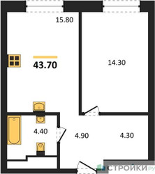 Планировка однокомнатной(квартира) площадью 43.7 квадратных метров в ЖК “ЖК Мангазея на Речном”