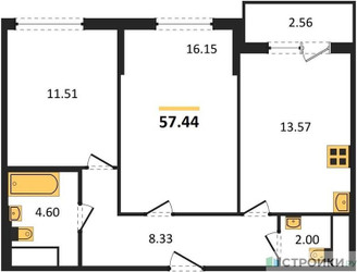 Планировка двухкомнатной(квартира) площадью 57.44 квадратных метров в ЖК “ЖК Светлый мир БиоПолис”