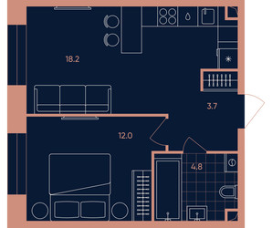 Планировка двухкомнатной(квартира) площадью 38.6 квадратных метров в ЖК “Квартал Эра”