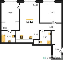 Планировка двухкомнатной(квартира) площадью 66.6 квадратных метров в “ЖК Upside Towers (Апсайд Тауэрс)”