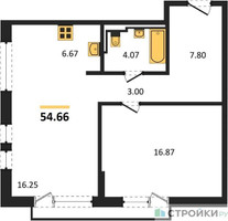 Планировка однокомнатной(квартира) площадью 54.66 квадратных метров в “ЖК Квартал Авиаторов”