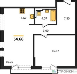 Планировка однокомнатной(квартира) площадью 54.66 квадратных метров в ЖК “ЖК Квартал Авиаторов”