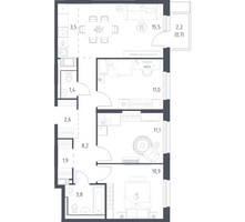 Планировка трехкомнатной(квартира) площадью 69.8 квадратных метров в “ЖК Мытищи Парк”