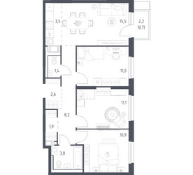 Планировка трехкомнатной(квартира) площадью 69.8 квадратных метров в ЖК “ЖК Мытищи Парк”