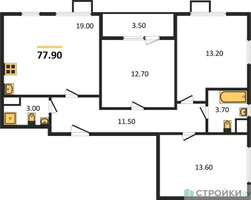 Планировка трехкомнатной(квартира) площадью 77.9 квадратных метров в “ЖК ЮЖНАЯ БИТЦА”