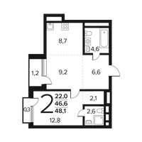 Планировка двухкомнатной(квартира) площадью 48.1 квадратных метров в “Новые Ватутинки. Заречный”