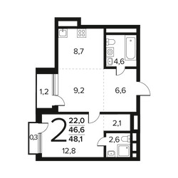 Планировка двухкомнатной(квартира) площадью 48.1 квадратных метров в ЖК “Новые Ватутинки. Заречный”