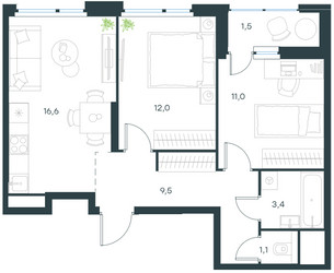 Планировка двухкомнатной(квартира) площадью 55.1 квадратных метров в ЖК “ЖК Level Лесной”
