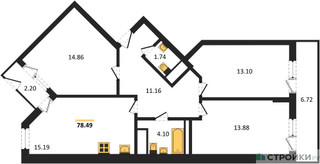 Планировка трехкомнатной(квартира) площадью 78.49 квадратных метров в “ЖК Светлый мир БиоПолис”