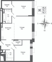 Планировка трехкомнатной(квартира) площадью 76.1 квадратных метров в “ЖК КИНОКВАРТАЛ”
