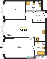 Планировка двухкомнатной(квартира) площадью 64.7 квадратных метров в ЖК “Акценты”