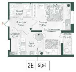 Планировка однокомнатной(квартира) площадью 53.57 квадратных метров в ЖК “ЖК Рига Хиллс”