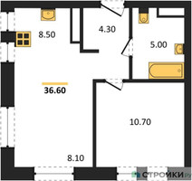 Планировка однокомнатной(квартира) площадью 36.6 квадратных метров в “ЖК Квартал на воде (Графика на воде)”