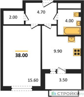Планировка однокомнатной(квартира) площадью 38 квадратных метров в “ЖК Римский”
