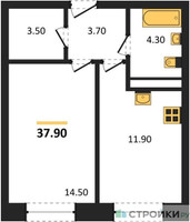 Планировка однокомнатной(квартира) площадью 38 квадратных метров в “ЖК Пушкино Град”