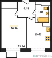 Планировка однокомнатной(квартира) площадью 34.14 квадратных метров в “ЖК Пятницкие луга”