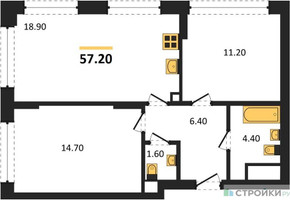 Планировка двухкомнатной(квартира) площадью 57.2 квадратных метров в “ЖК Wave (Вейв)”